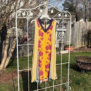 Yellow Floral Sleeveless Dress with Navy Trim